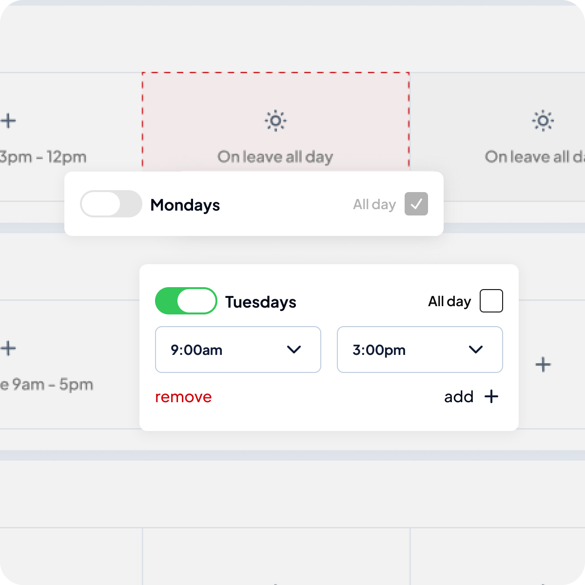 Image displaying toggle on or off daily availability, or set available time slots. 
