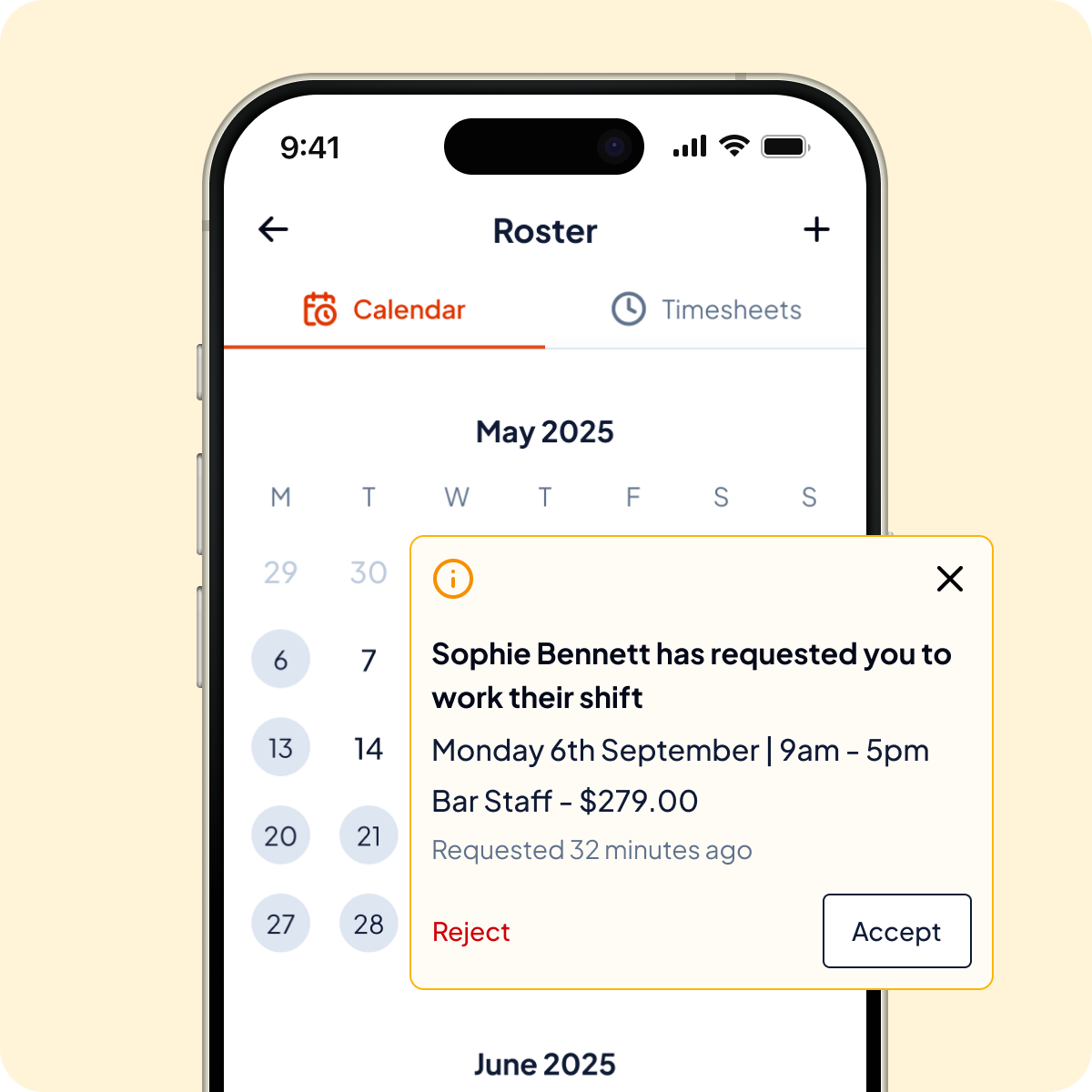 Shiftly mobile roster view, displaying employee request to work their shift with reject or accept buttons