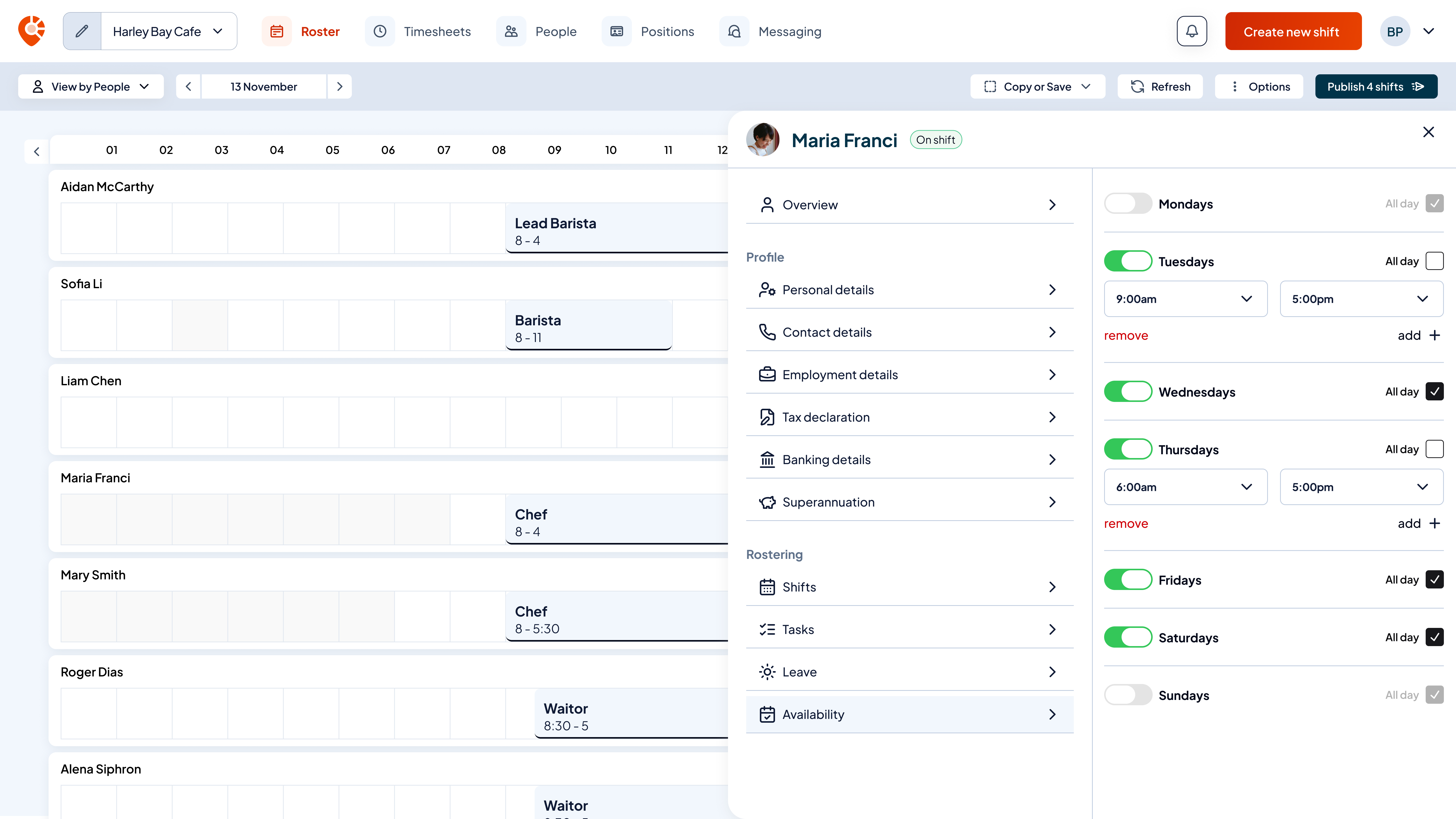 Desktop rostering tool displaying daily view of who is working, unavailable hours disabled with shift cards slotted in. A side drawer showing an employees profile, with availability selected.