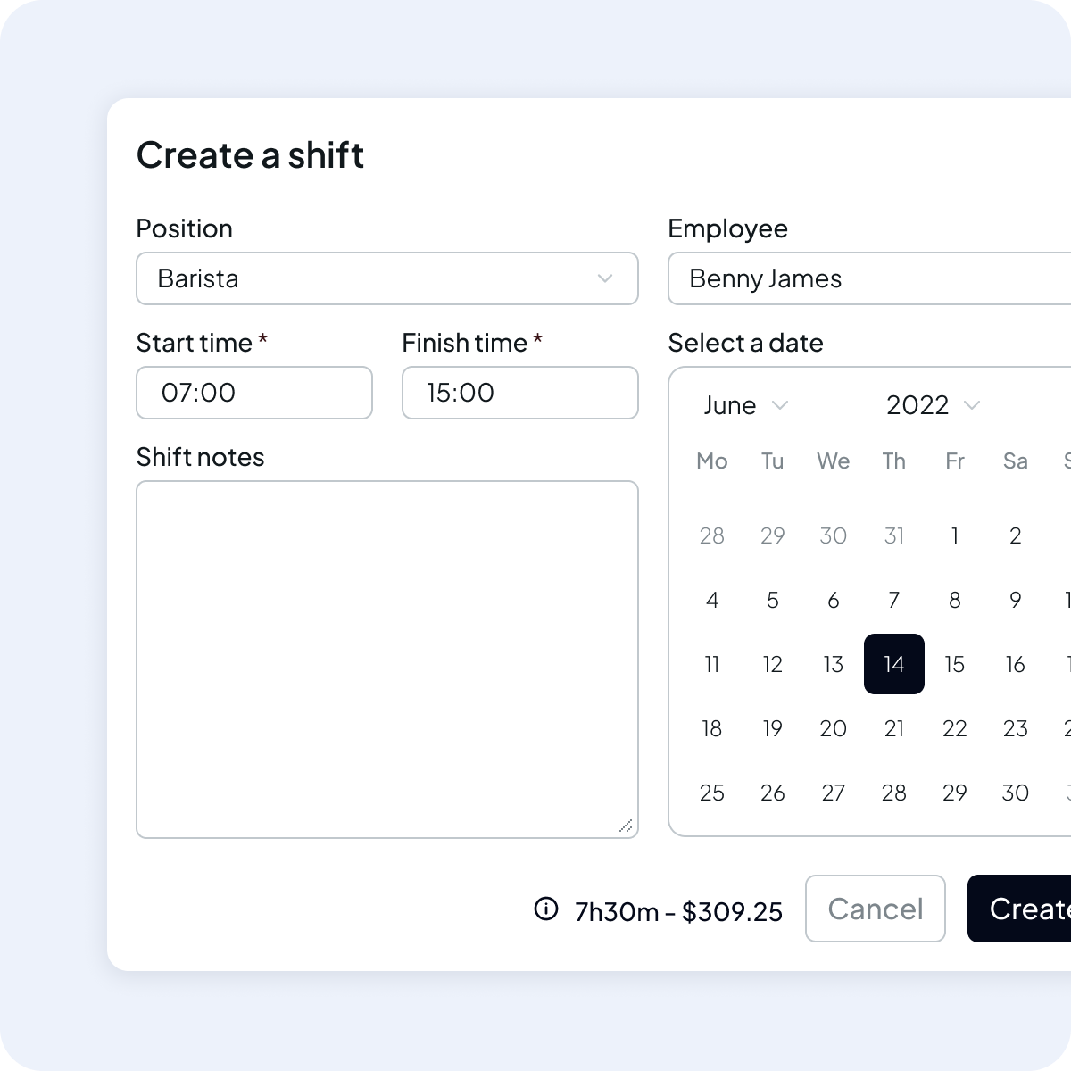 Internal staff scheduling form with dropdowns for position and award level, a calendar to select dates, a text field for staff name, and a time picker for shift start.