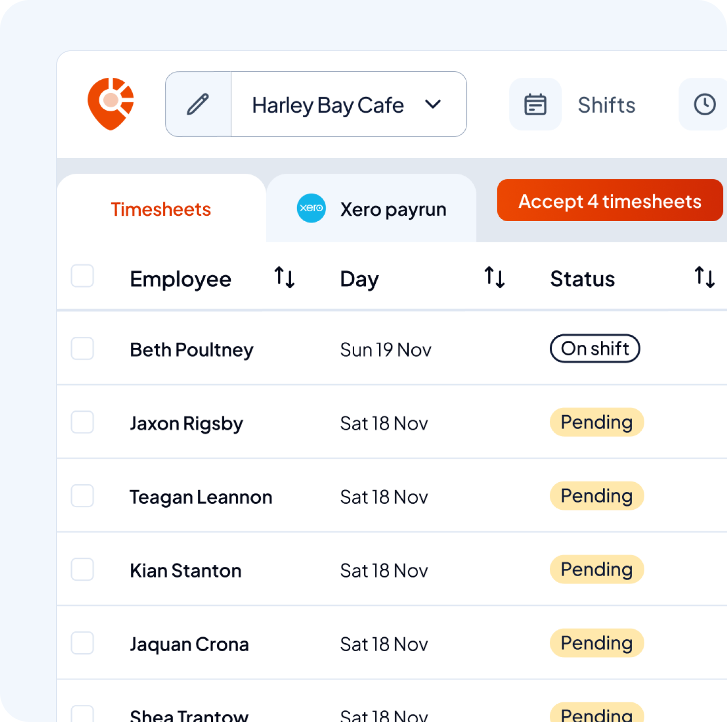 Staff management page with tabs for Internal Staff and Shifters, a search bar to find staff, and a list displaying staff names, photos, and email addresses.