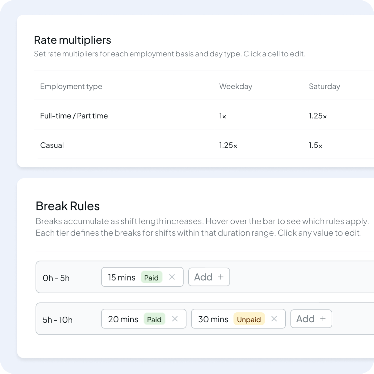 Configure rate mutlipliers for different employment types and set up break rules based on your business