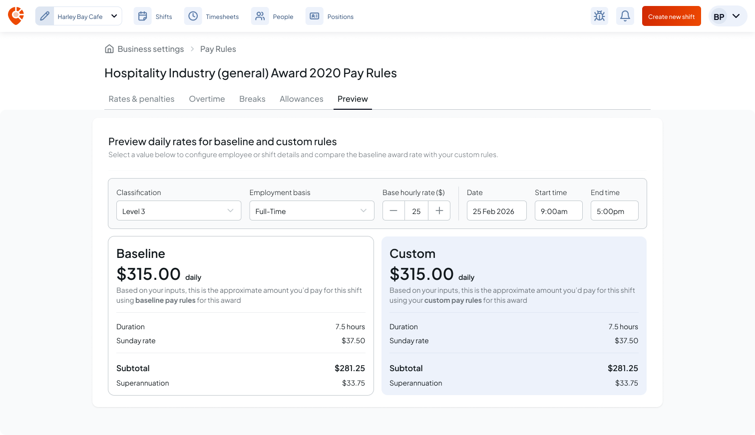 Screen showing Hospitality Industry Award 2020 pay rules comparison for Level 3 full-time employee, with baseline and custom daily pay rates both at $315 including duration, Sunday rate, subtotal, and superannuation.