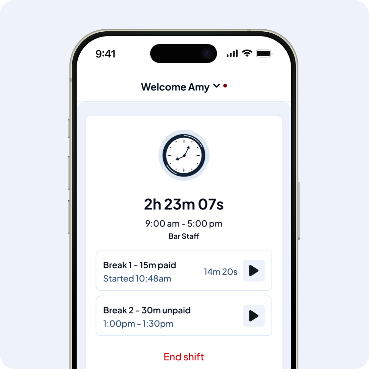 Mobile screen showing worked shift  including total worked time of 2 hours with two breaks listed, one paid 15 minutes started, and one unpaid 30 minutes unstarted.