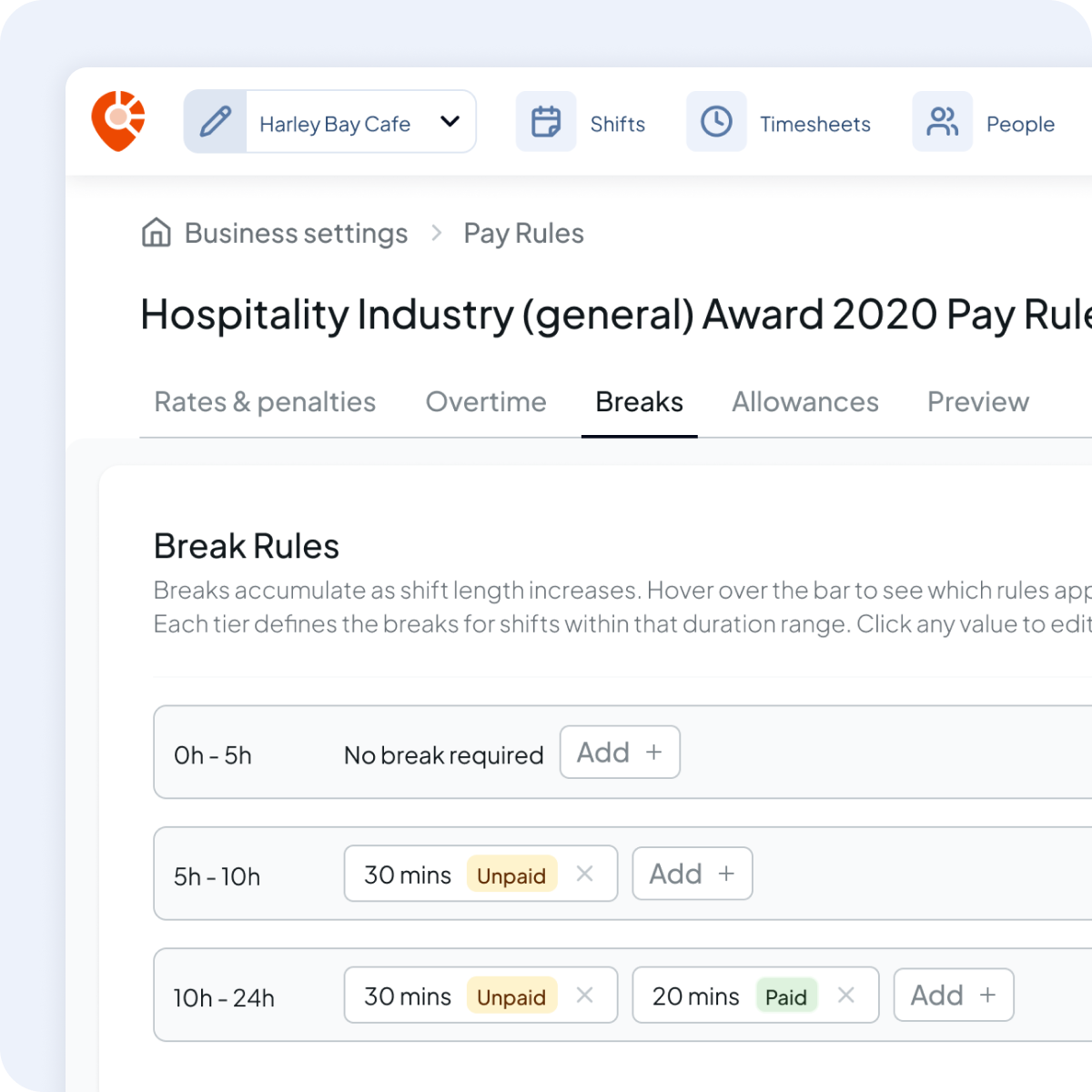 Hospitality Industry Award 2020 Pay Rules screen showing break rules for shifts: no break for 0-5h, 30 mins unpaid break for 5-10h, and 30 mins unpaid plus 20 mins paid break for 10-24h shifts.