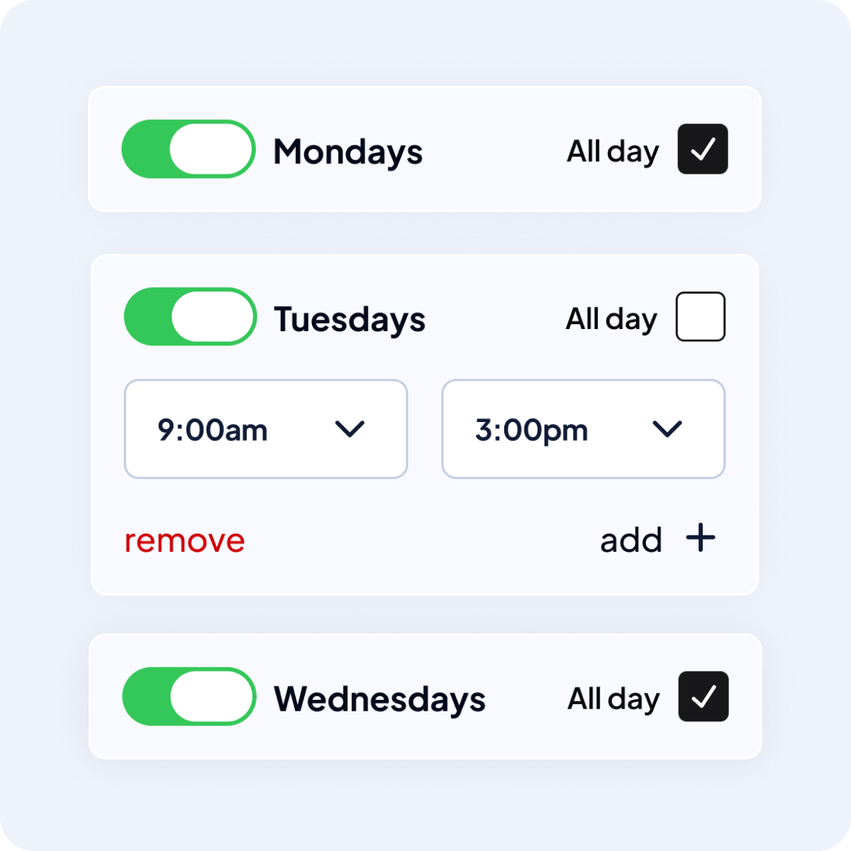 Availability settings with toggles for days of the week, all day options or set a time period