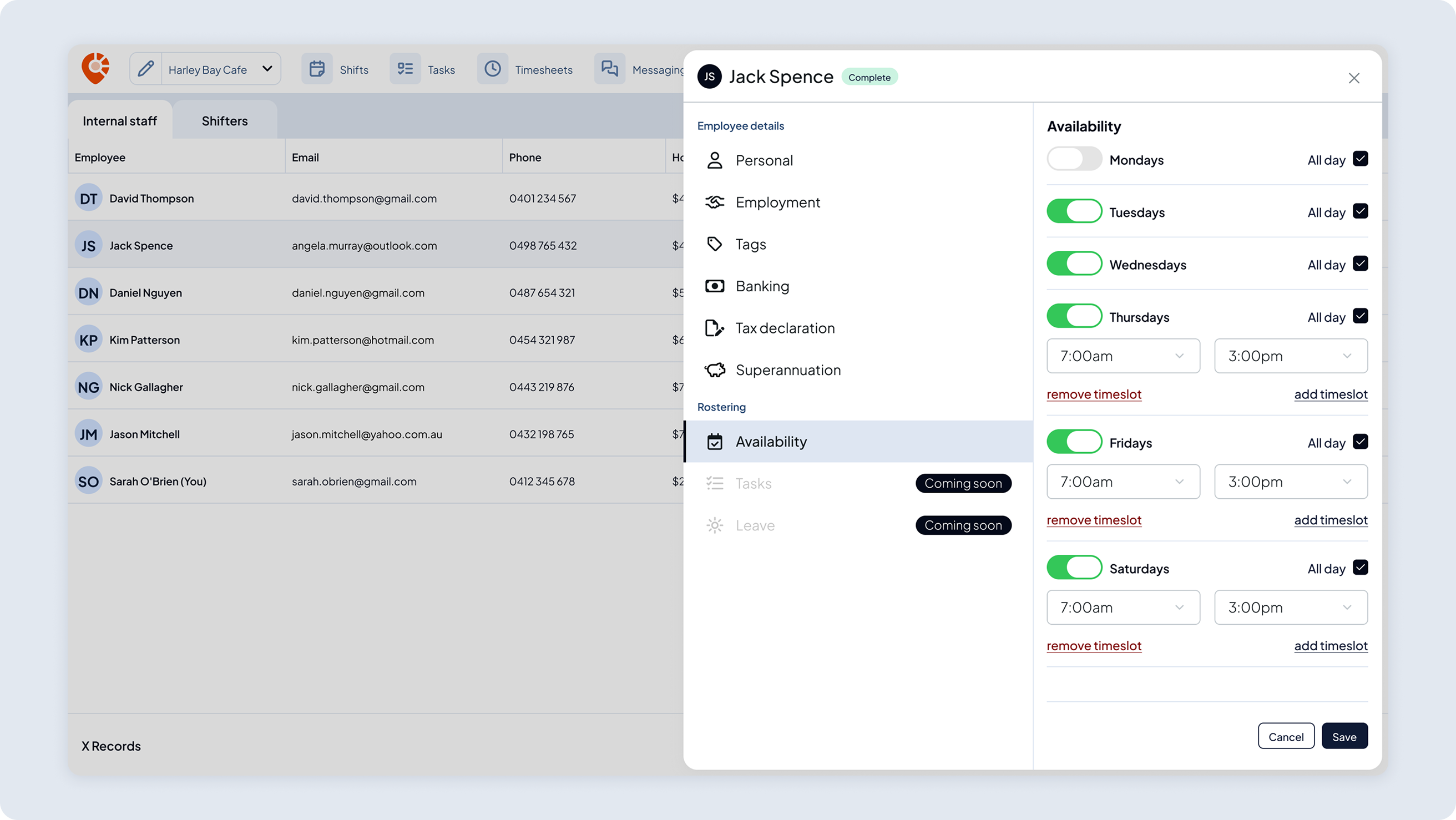 User interface showing a staff roster with employee details and an availability schedule for an employee, highlighting days toggled on and time slots for selected weekdays.