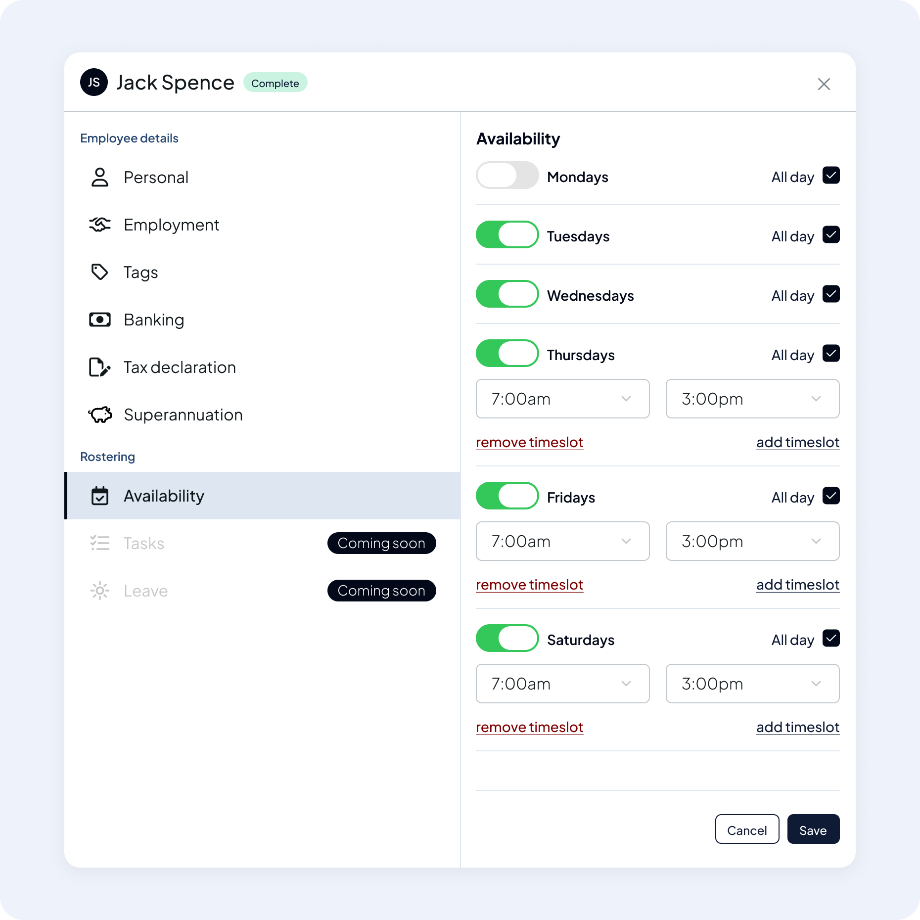 User interface showing employee's availability settings with toggles for each weekday with options for all day or specific times