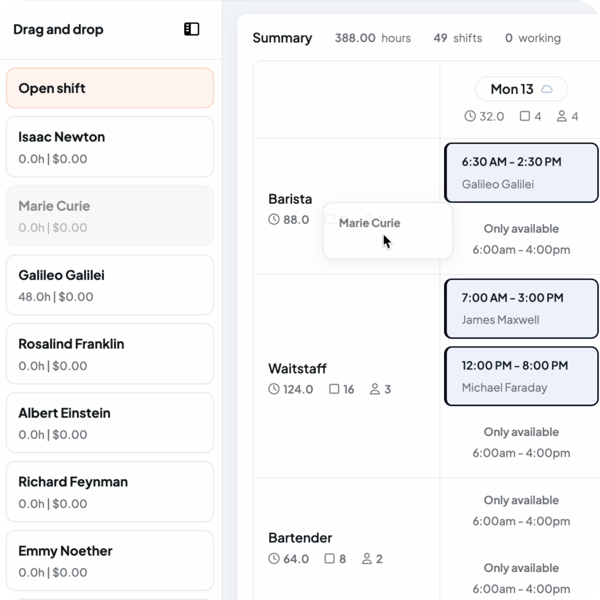 Availability warnings displaying when dragging an employee onto a shift slot