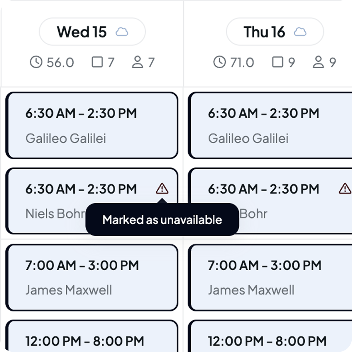 Schedule showing time slots with shift flagging 'marked as unavailable'
