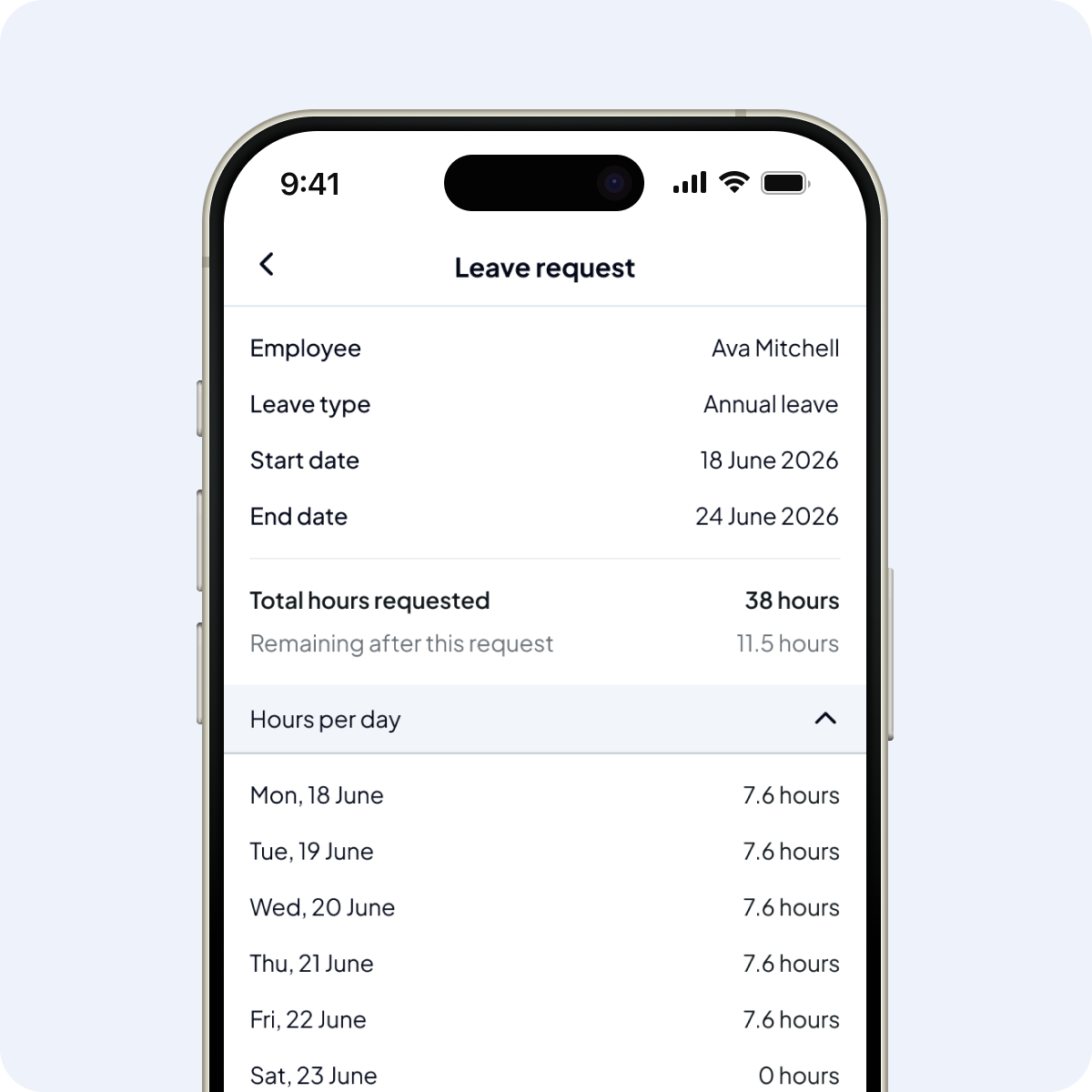 Leave request form on phone requesting 38 hours annual leave from June 18 to June 24, 2026.