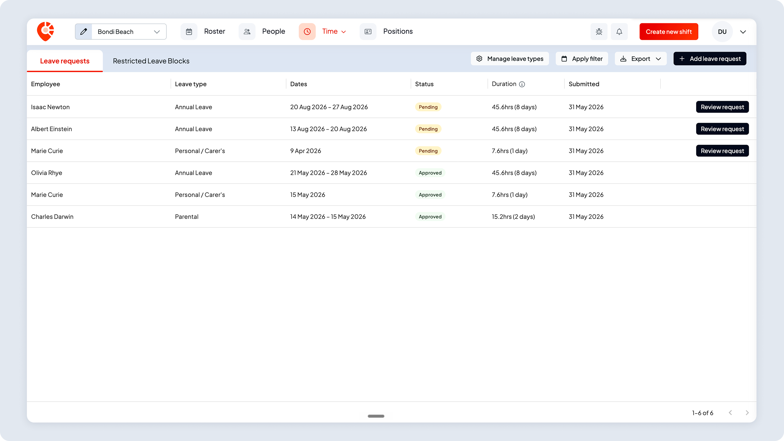 Employee leave request table showing names, leave types, dates, status, duration, and submission dates.