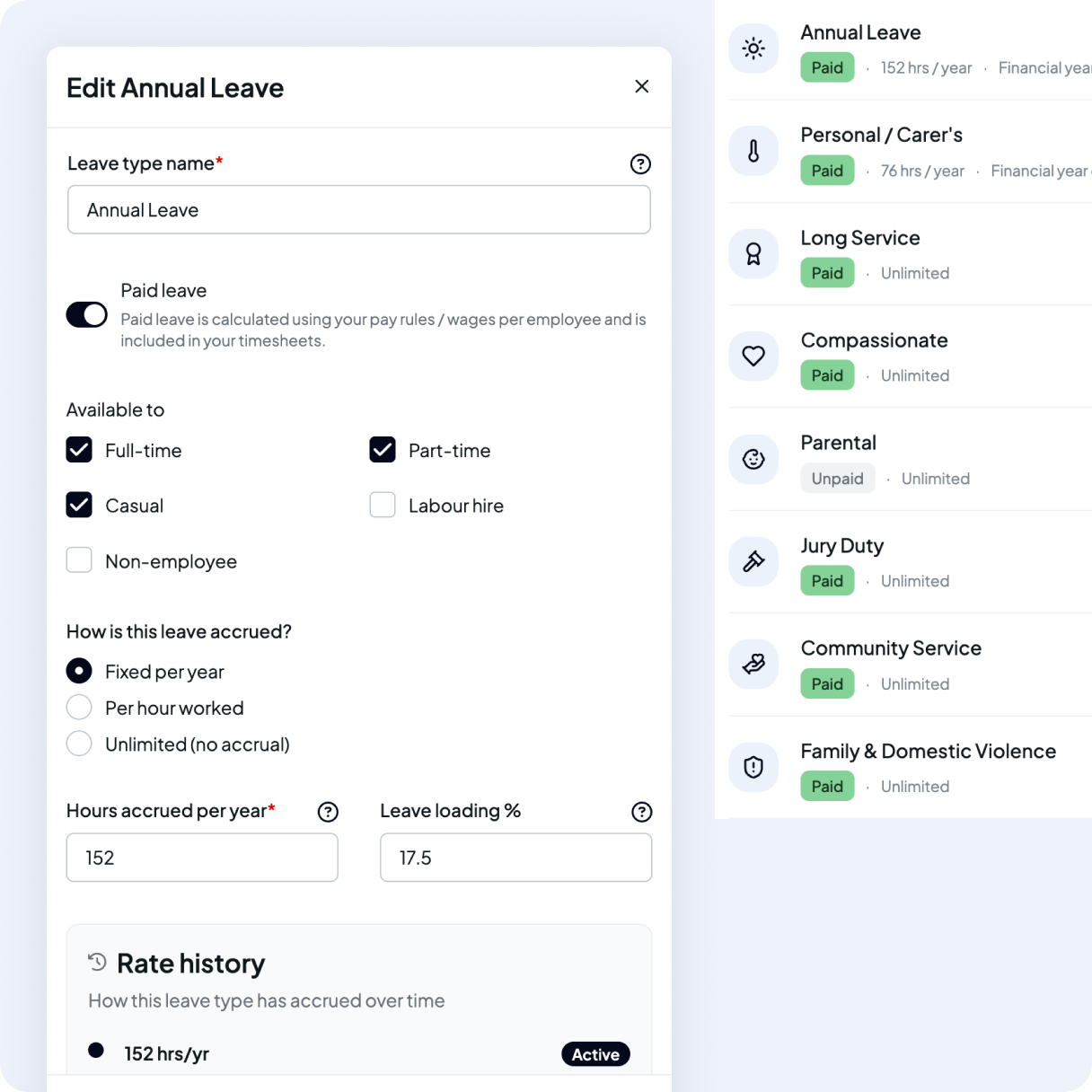 Edit Annual Leave form showing paid leave, availability, accrual method, hours per year, and leave loading percentage + more to scroll.
