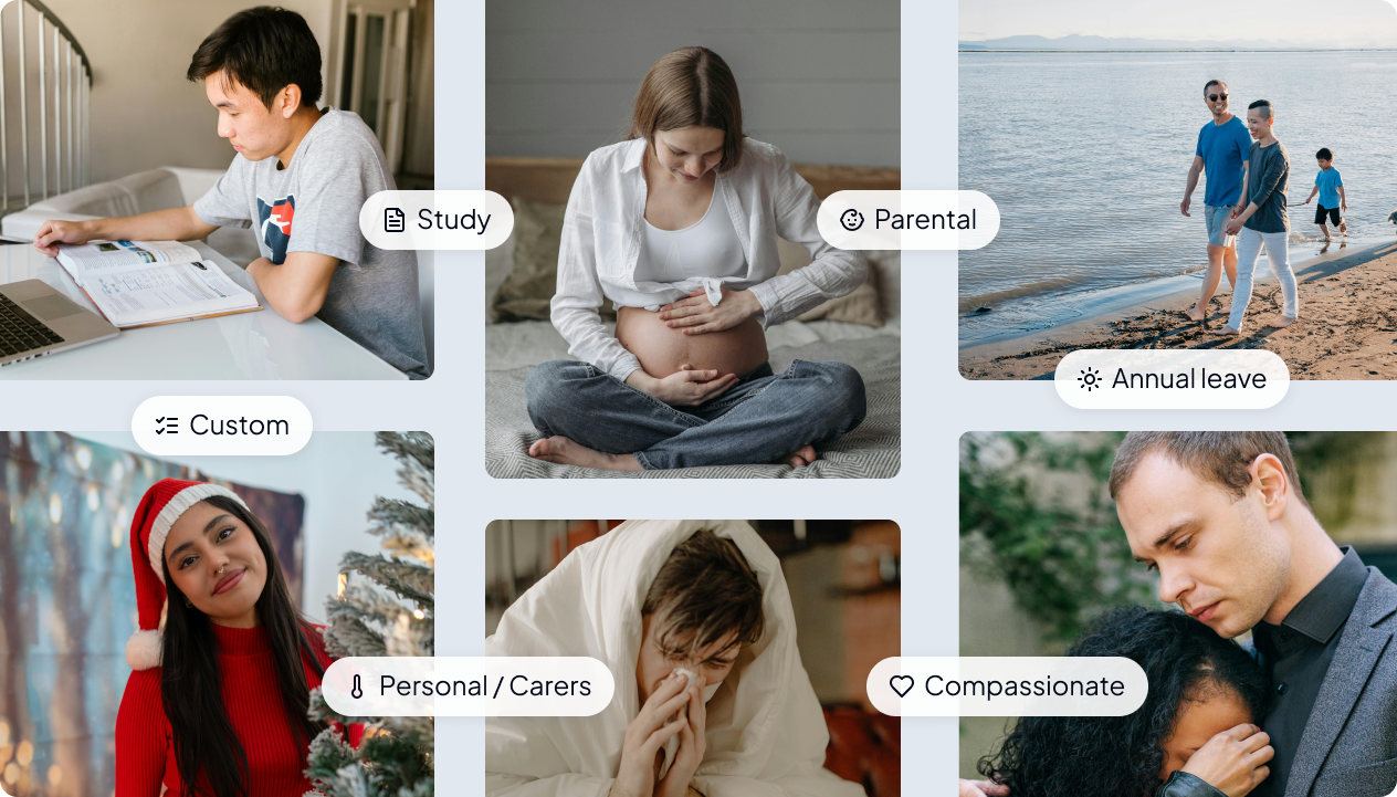 Collage of people representing leave types: studying, pregnant woman, family beach walk, holiday, sick, and compassionate hug.