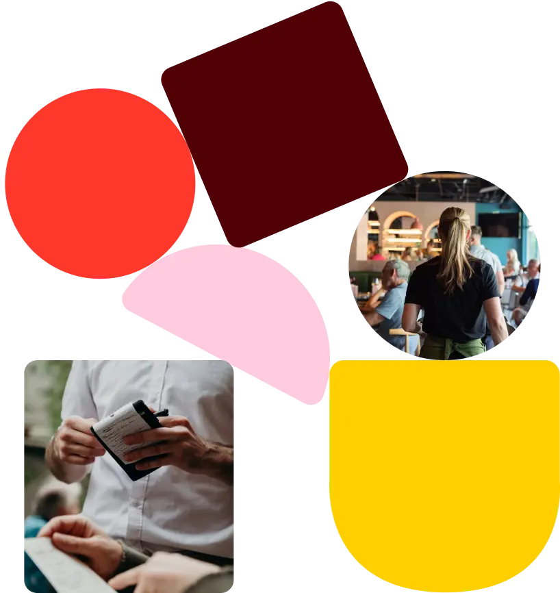 Collage-style graphic showing restaurant scenes with colorful abstract shapes. One photo shows a server writing on an order pad, another shows a waitress with her back turned in a busy restaurant, surrounded by red, yellow, pink, and maroon geometric shapes.