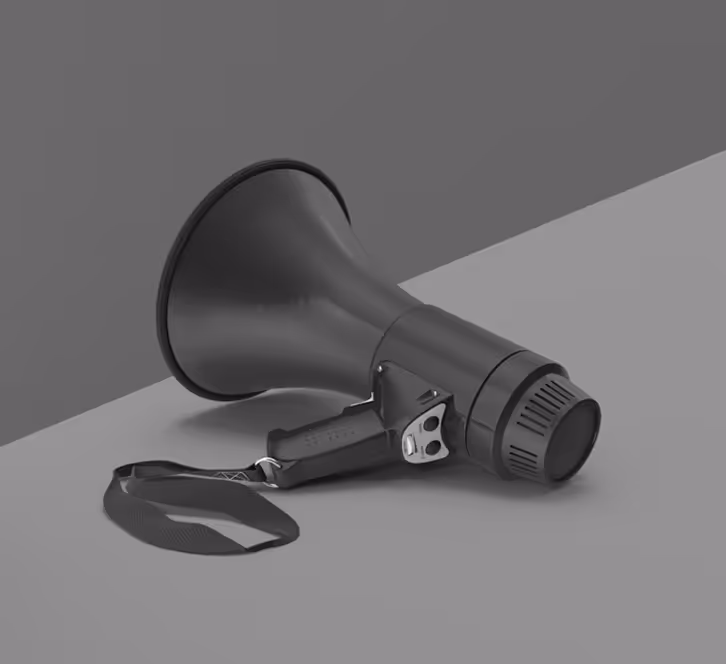  A rendered 3D image of a black megaphone with a carrying strap, resting diagonally on a two-toned gray surface.