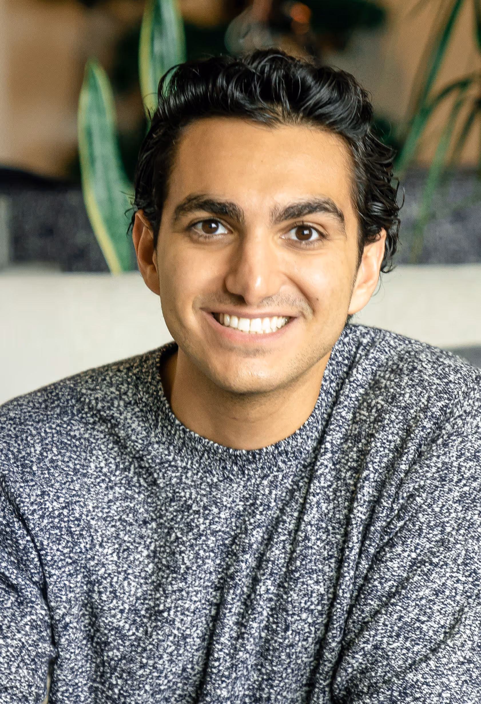 A smiling young man with dark, wavy hair, wearing a speckled gray sweater, looks directly at the camera. A blurred green plant is in the background.