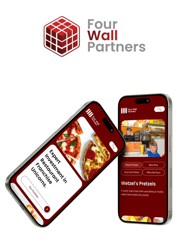 Two smartphones showcase the "Four Wall Partners" website, focusing on their restaurant franchise investments like Wetzel's Pretzels. The firm's logo is displayed above the phones.
