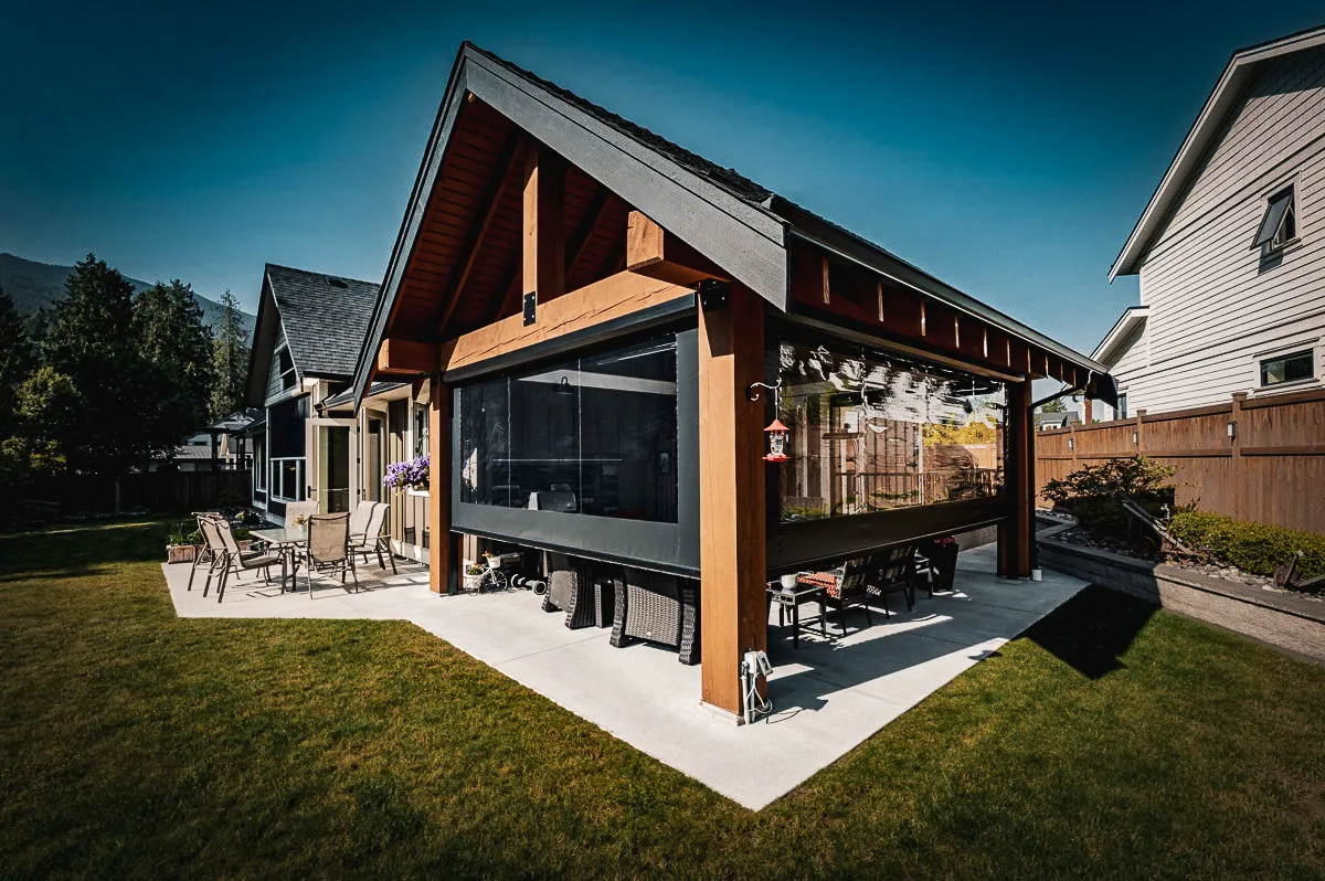 Commercial exterior with glass shades, awnings, and signs on wooden structure