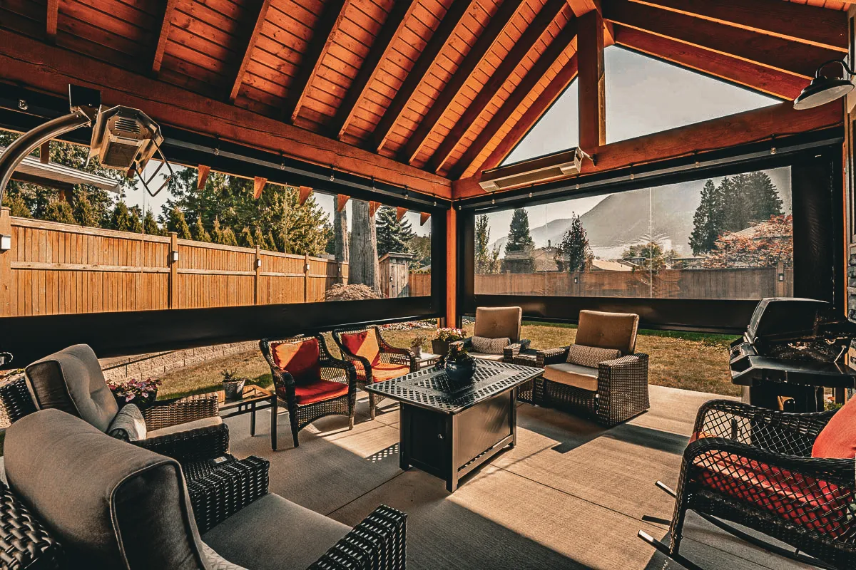 Commercial Exterior Patio with Interior Signs, Awnings, Shades, and Comfortable Seating