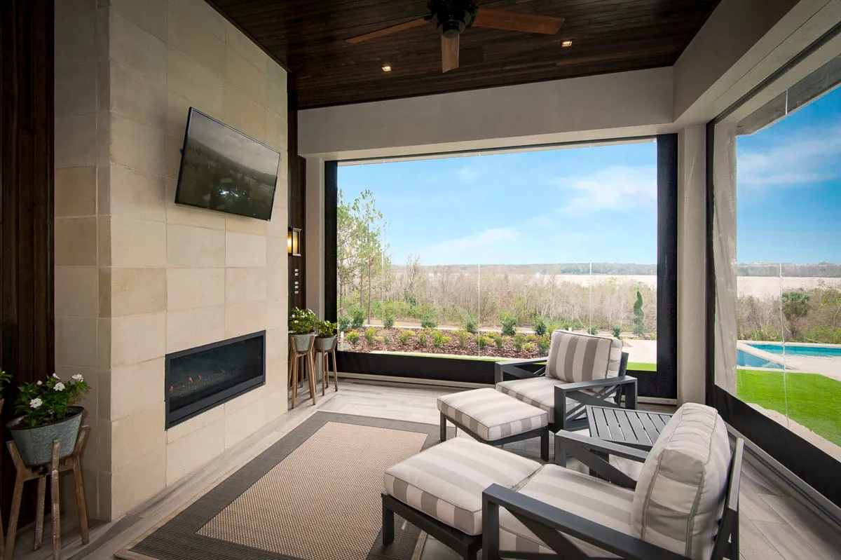 Commercial Interior Exterior with Shades, Signs, and Awnings Overlooking Pool