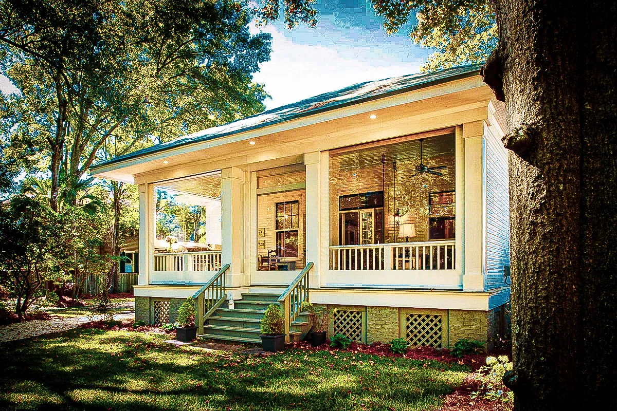 Commercial Exterior with Shades, Signs, and Awnings on Charming Porch