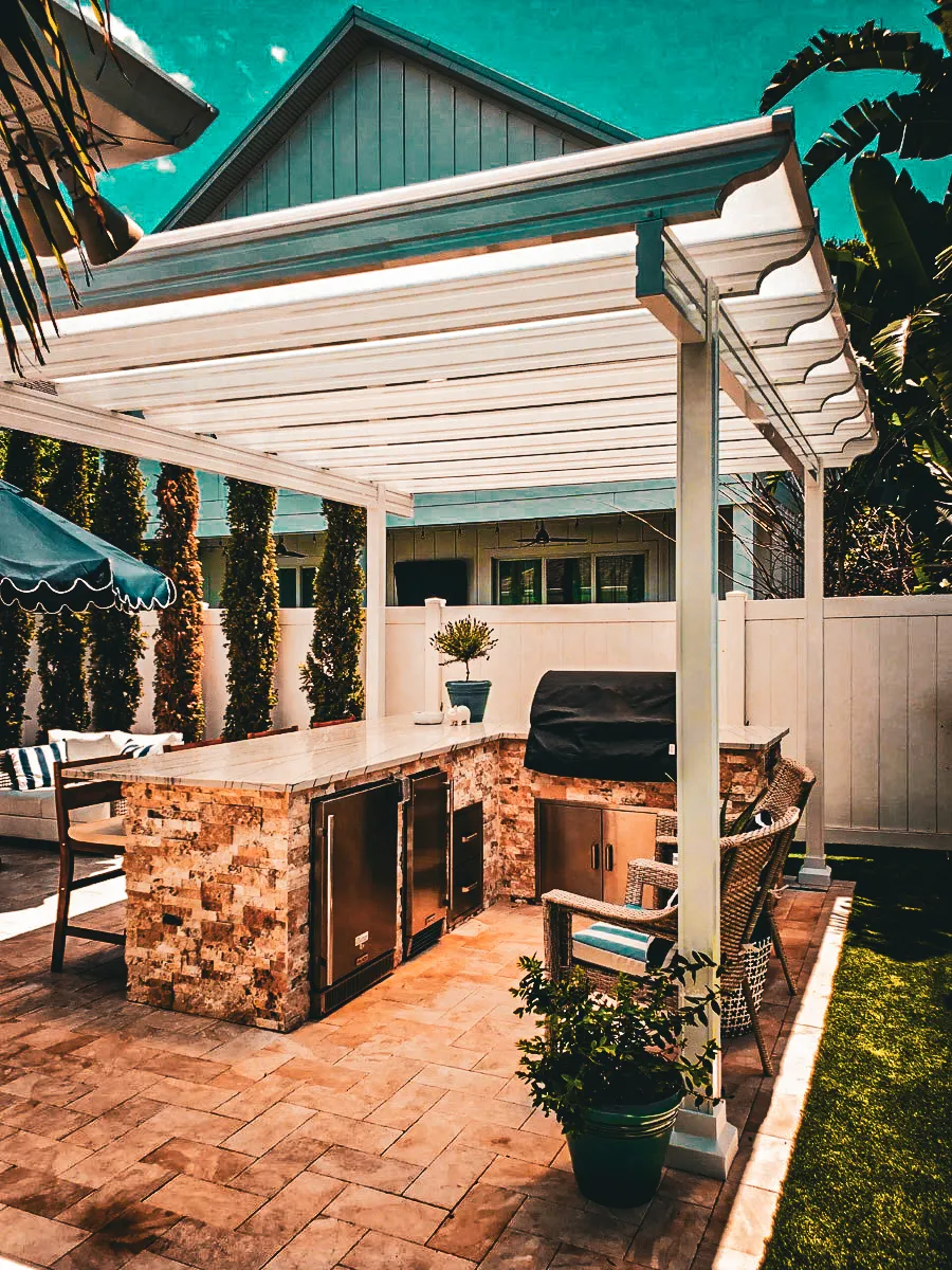 Commercial Exterior Patio with Awnings, Shades, and Outdoor Kitchen Signs