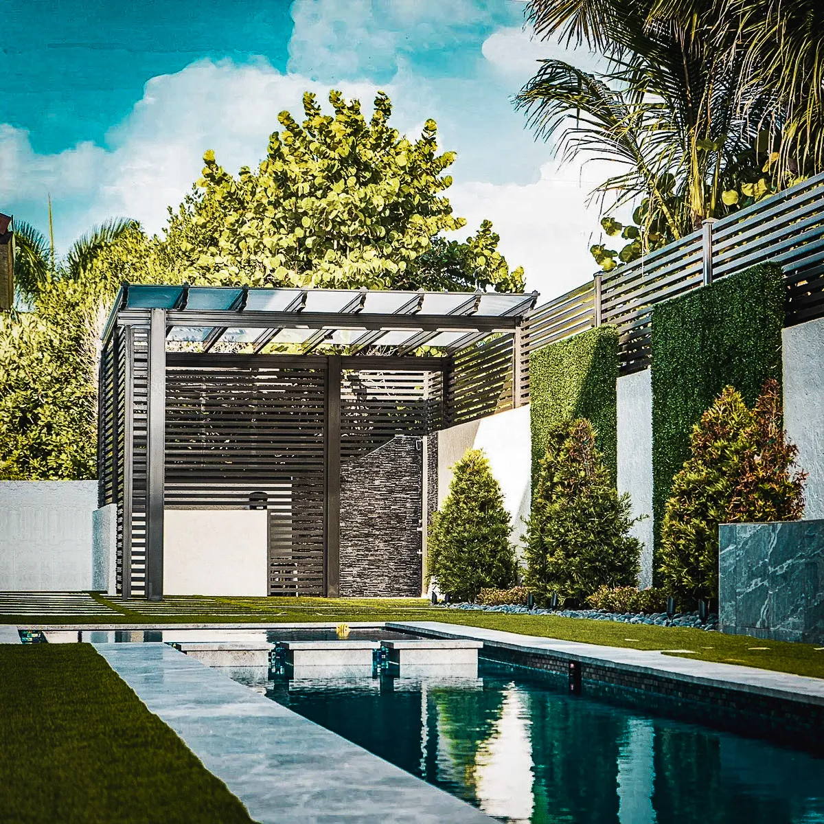 Commercial exterior with modern pergola, pool, shades, and green awnings