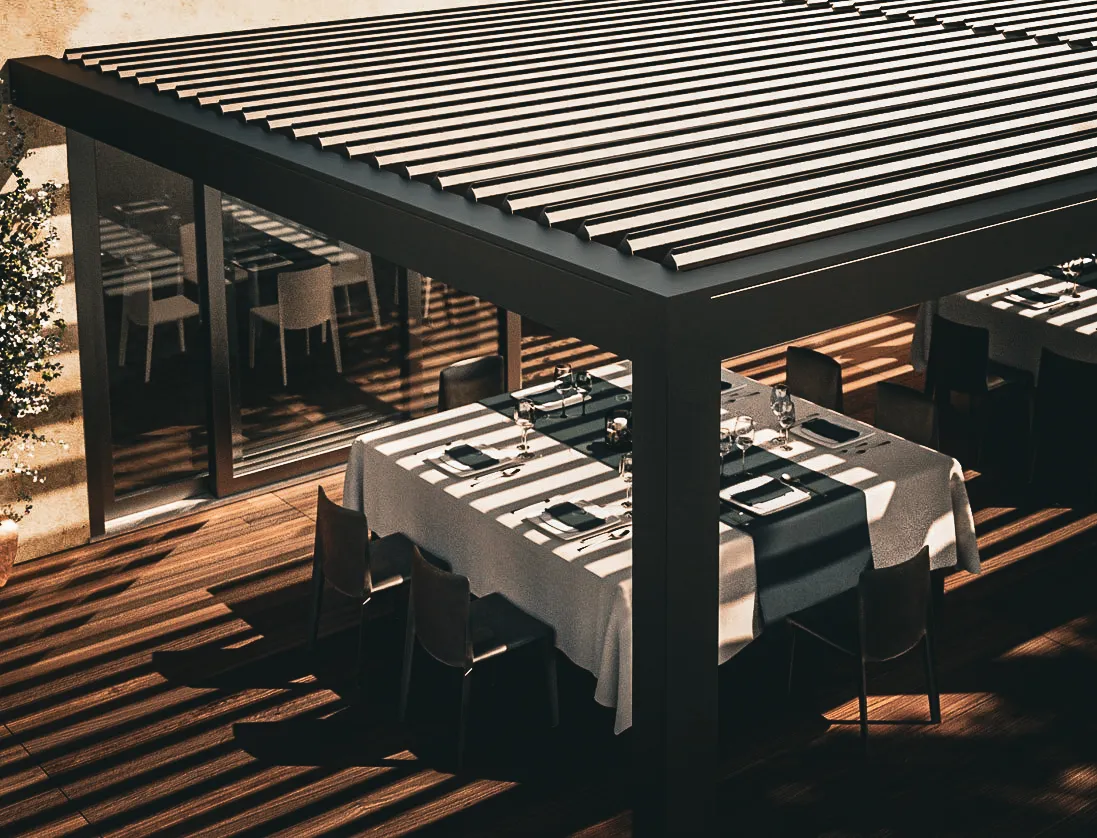 Commercial Interior and Exterior with Shaded Awnings and Table Settings