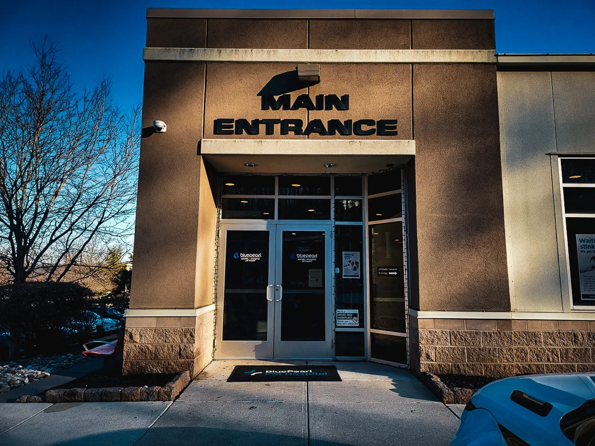 Commercial building exterior with main entrance, signs, shades, and awnings
