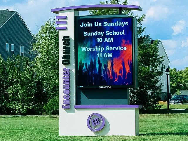 Commercial exterior church sign with digital display advertising Sunday services