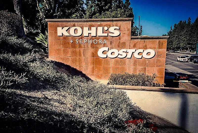 Commercial exterior sign for Kohl's and Costco with landscaped awnings