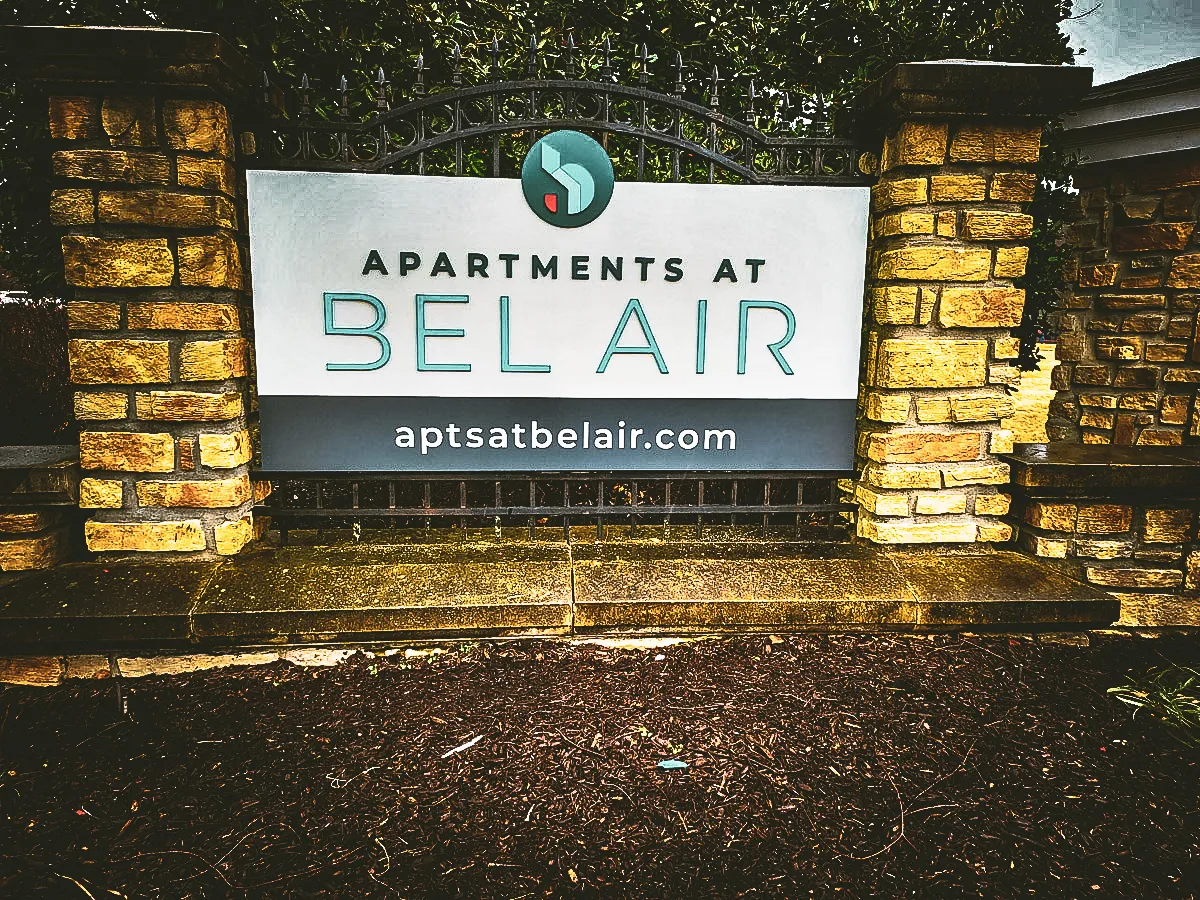 Commercial Exterior Signs: Bel Air Apartments Entrance with Stone Walls