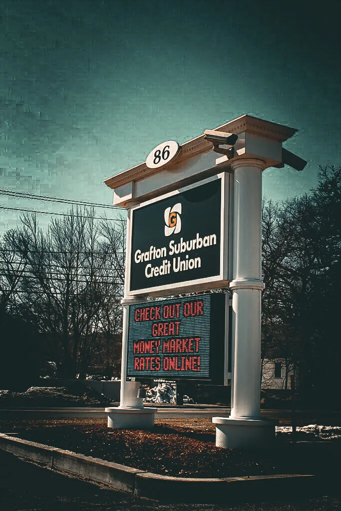 Commercial exterior sign with column, digital display for Grafton Suburban Credit Union