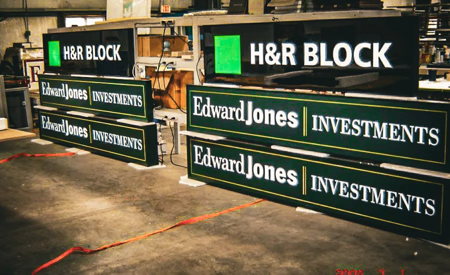 Commercial interior and exterior signs for H&R Block and Edward Jones