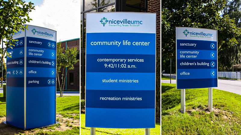 Commercial exterior signs for Niceville UMC community life center awnings