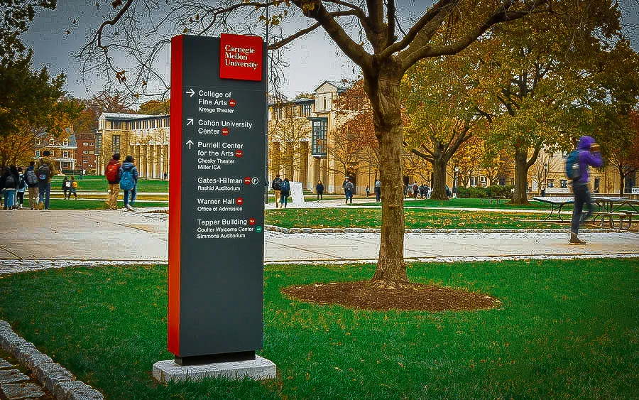 Commercial exterior wayfinding signs at Carnegie Mellon University campus