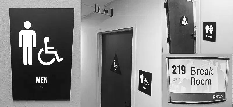 Commercial interior and exterior signs for men's restroom and break room