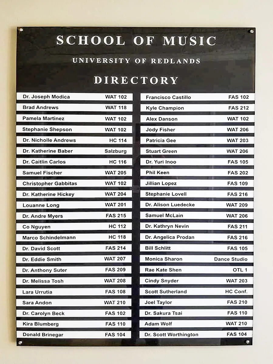Commercial interior exterior sign for University of Redlands Music School directory