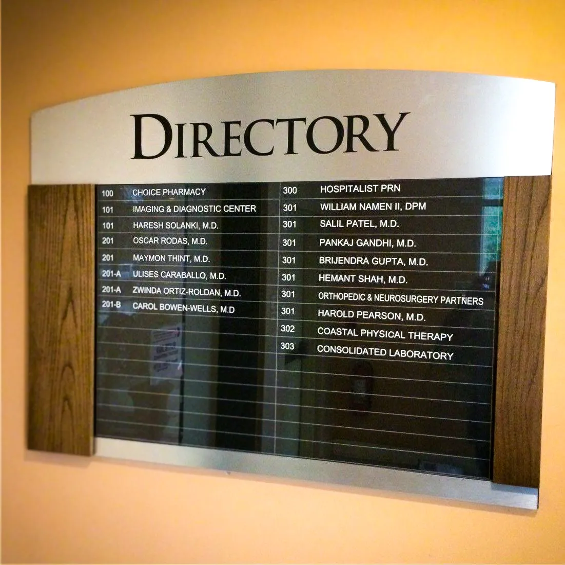 Commercial interior directory sign with medical offices and exterior-style shades