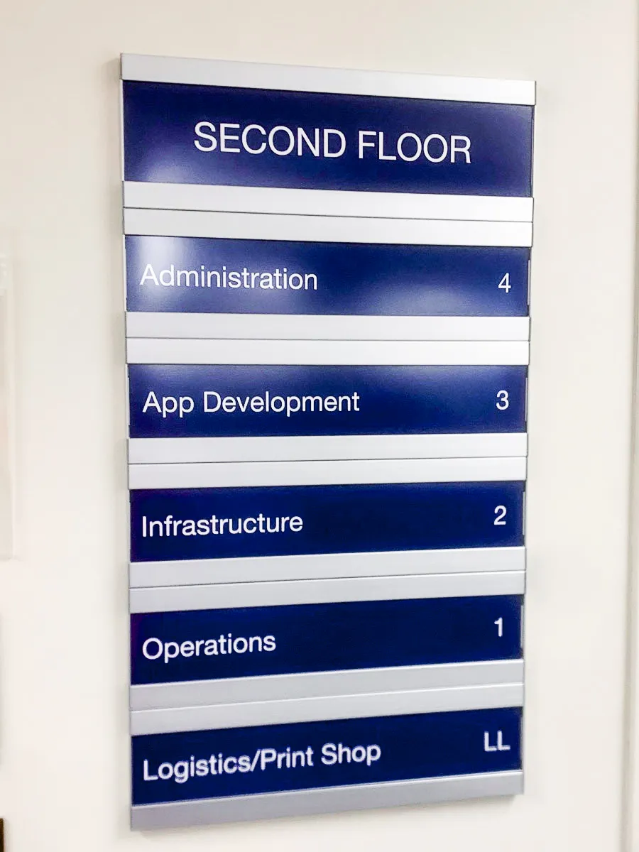 Commercial interior signage for second floor with department names and levels
