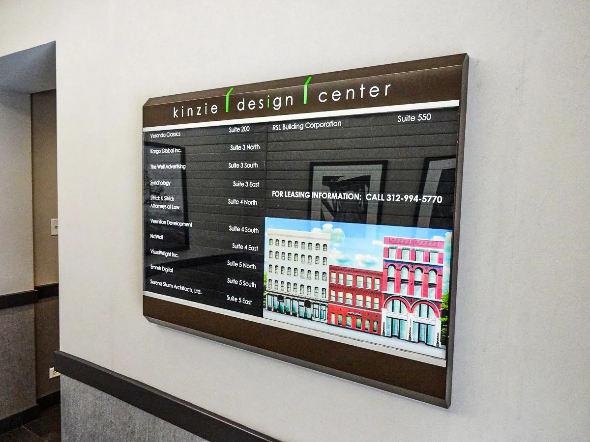 Commercial interior directory with exterior building signs, awnings, and shades