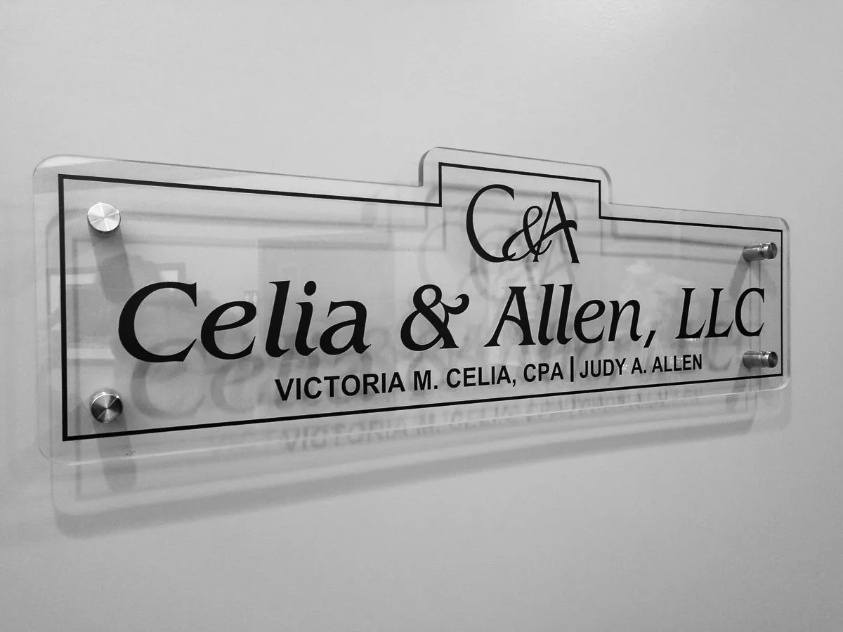 Commercial Interior Exterior Signs: Celia & Allen LLC Glass Office Nameplate