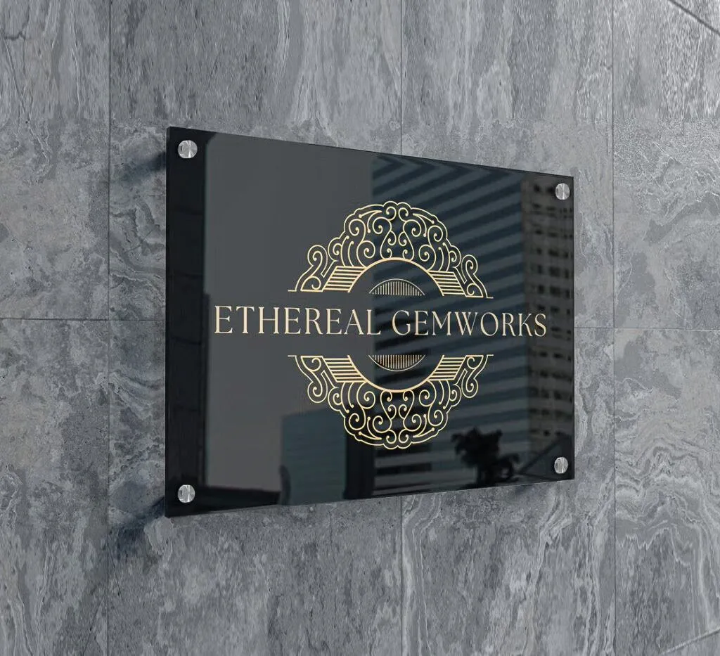 Commercial Exterior Signs: Elegant Ethereal Gemworks Glass Signage with Gold Logo