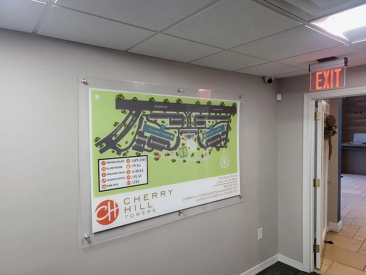 Commercial interior map of Cherry Hill Towers with exterior signs and awnings