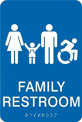 Commercial interior and exterior signs for family restroom with accessibility symbol