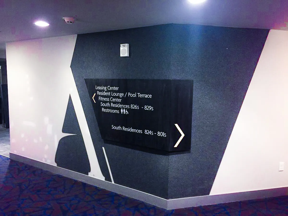 Commercial Interior Signs for Leasing Center with Exterior Awnings and Shades