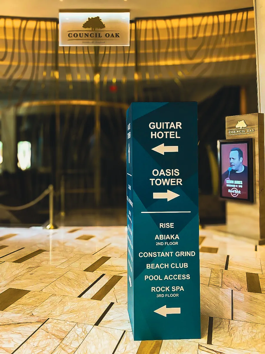 Commercial interior signage for Council Oak Hotel with exterior wayfinding signs