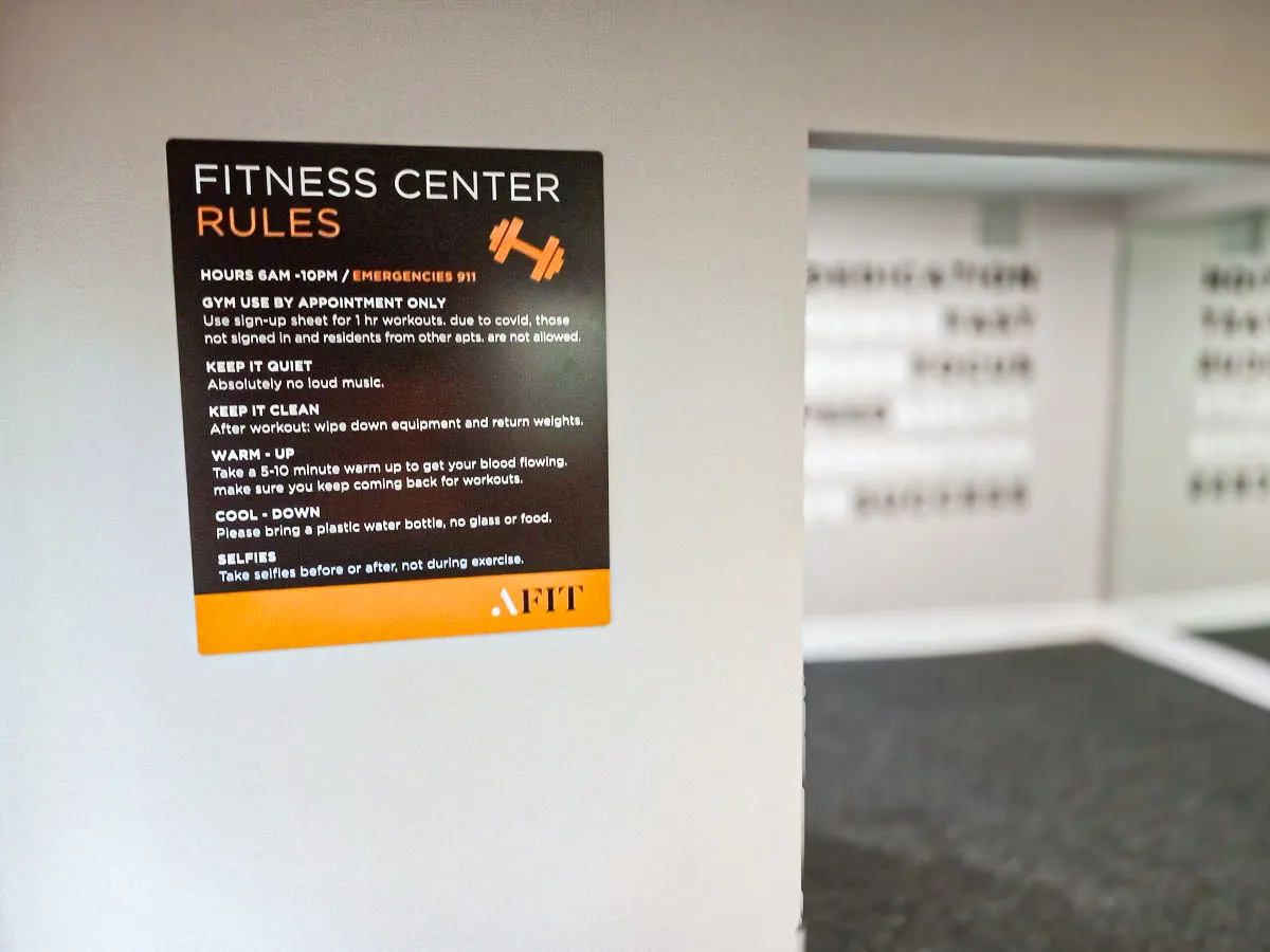Commercial Interior Sign for Fitness Center Rules with Exterior Awnings
