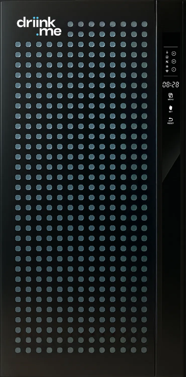 Black Driink.me Flow 2 water filtration unit with a grid of small round holes and a side control panel showing icons and a digital timer.